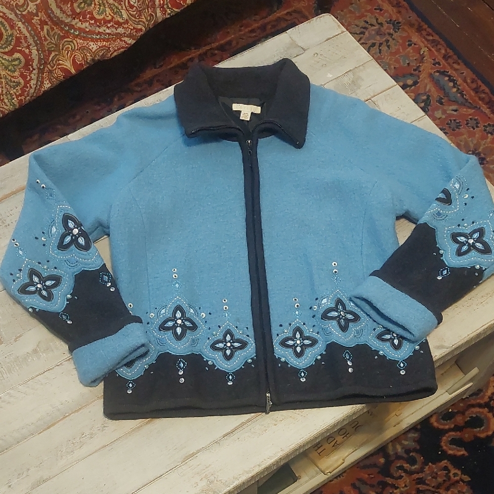 Blue and Black Floral Embroidered Jacket